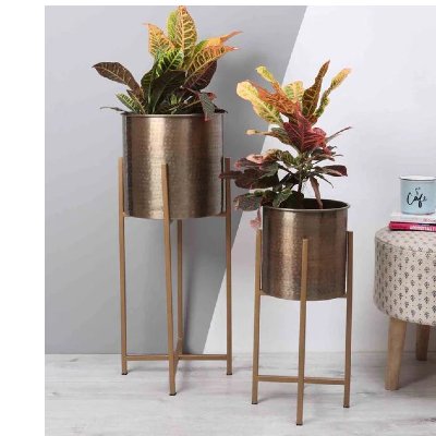 Brown Iron Hammered Brass Planter, Set of 2